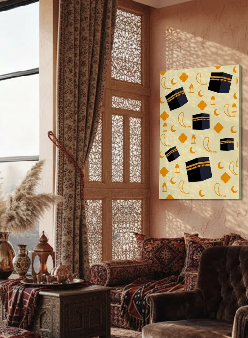 LOWHA Canvas Wall Art Stretched Over Wooden Frame with Al Kaʽba Al Musharrafa and Ramadan Lantern Pattern